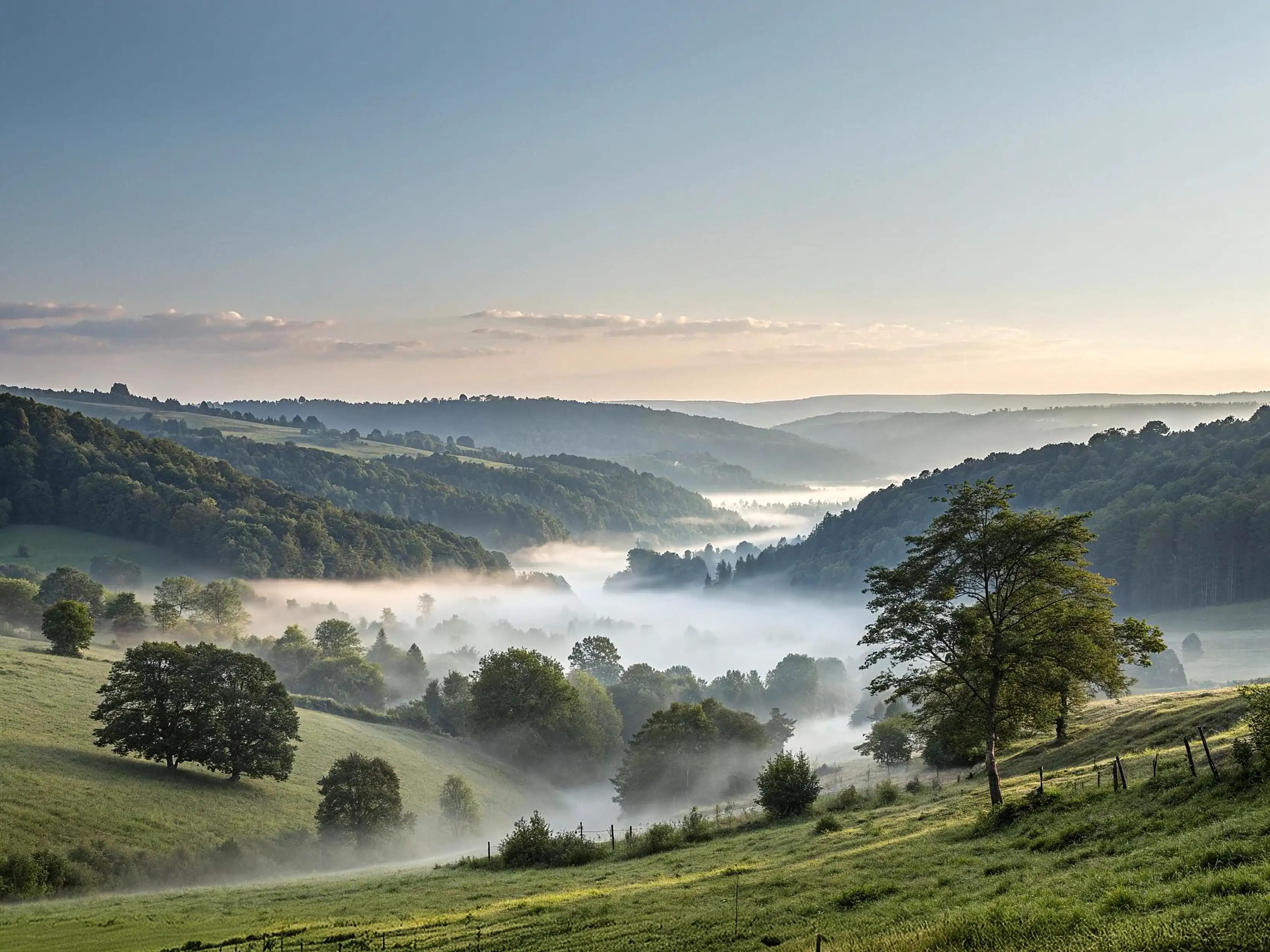 A countryside meadow at dawn, mist in the hollow and a single tree on the rise