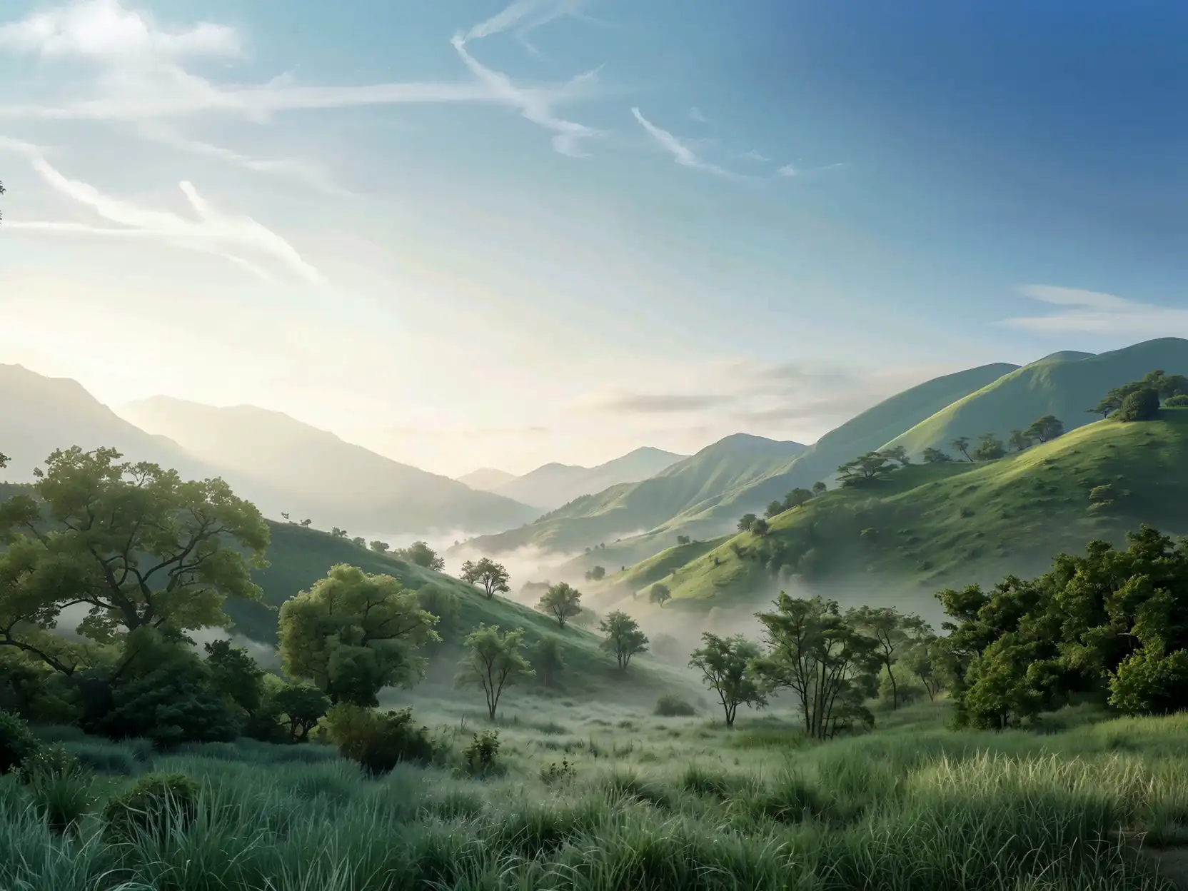 Mist lying in a green valley at sunrise, with trees and long grass in the foreground